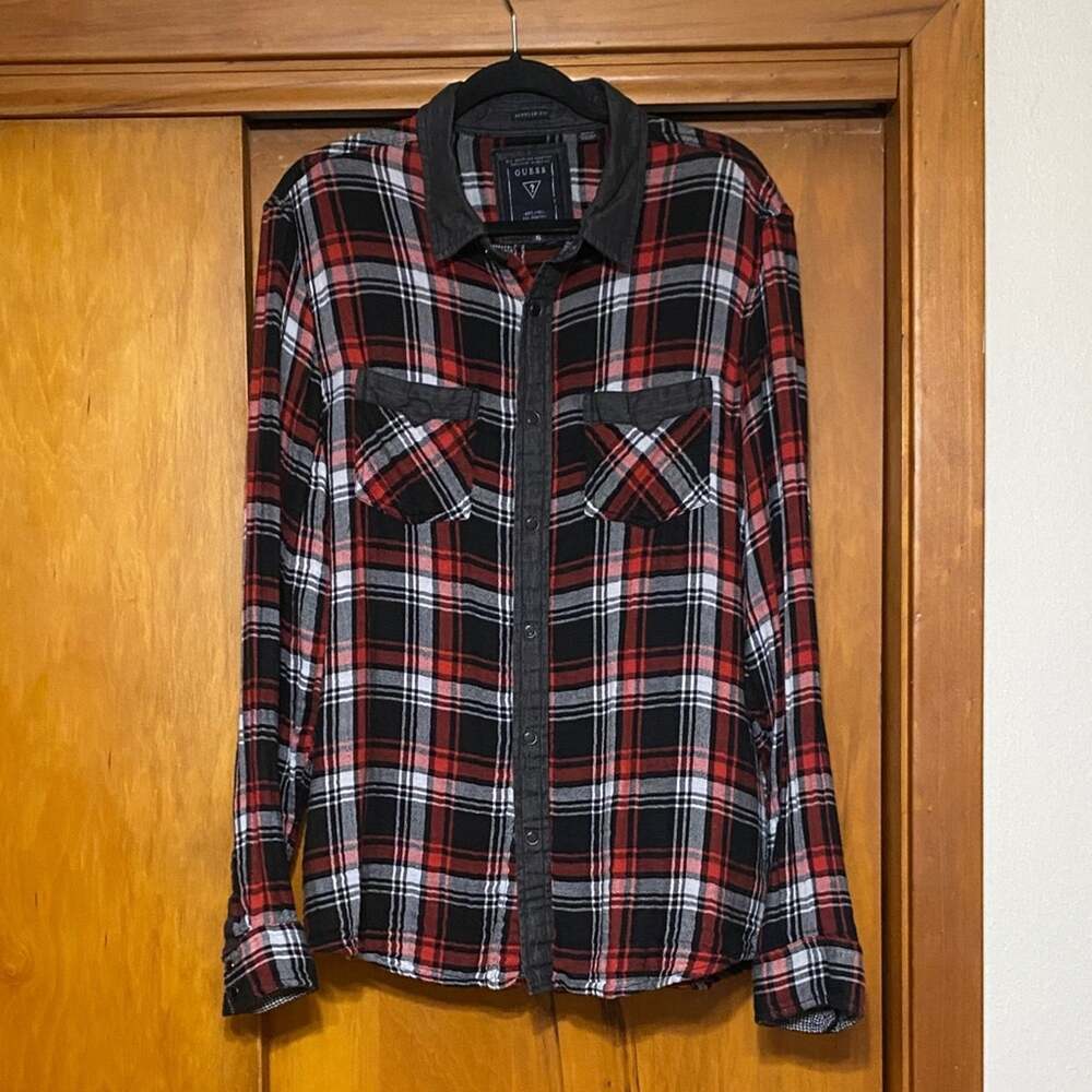 Red Black Plaid Flannel Shirt Jacket Snaps Denim Detail Grunge Streetwear